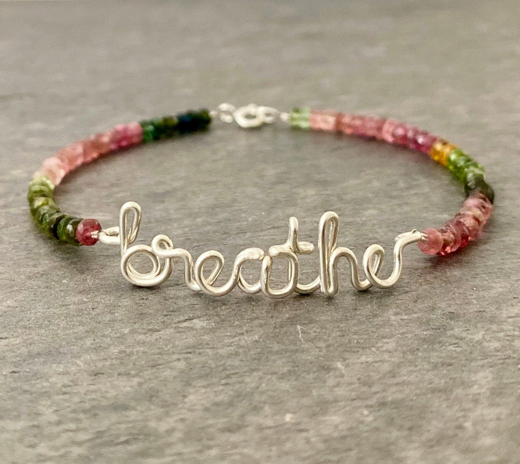 Silver breathe Bracelet with birthstones. Sterling Silver breathe bracelet with Genuine Watermelon Tourmaline Gemstones. Aziza Jewelry