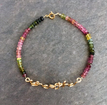 Load image into Gallery viewer, Gold breathe Bracelet with birthstones. 14k Gold Filled breathe bracelet with Genuine Watermelon Tourmaline Gemstones. Aziza Jewelry
