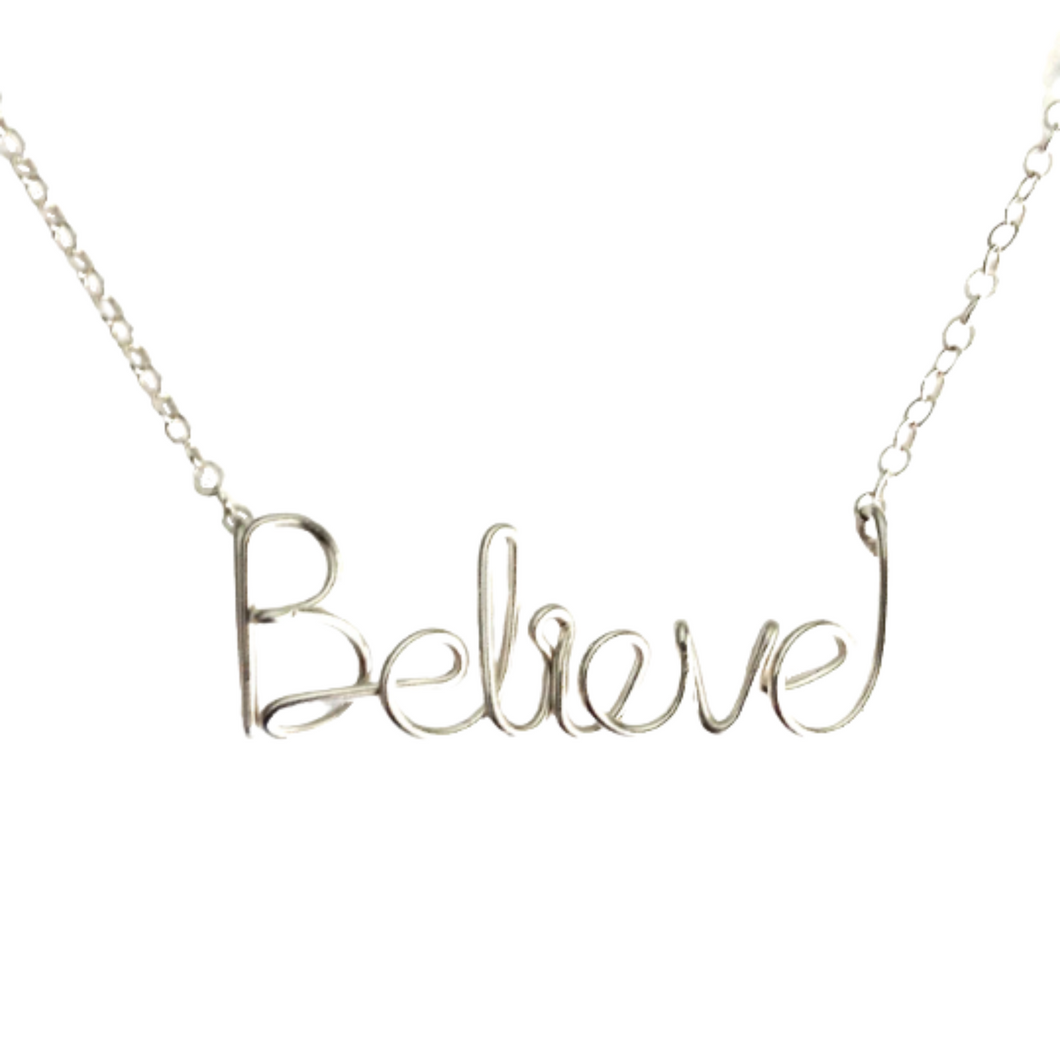 Believe Necklace. Sterling Silver Believe Necklace. Script Believe Wire Necklace. Calligraphy Believe Necklace. Spiritual Jewelry